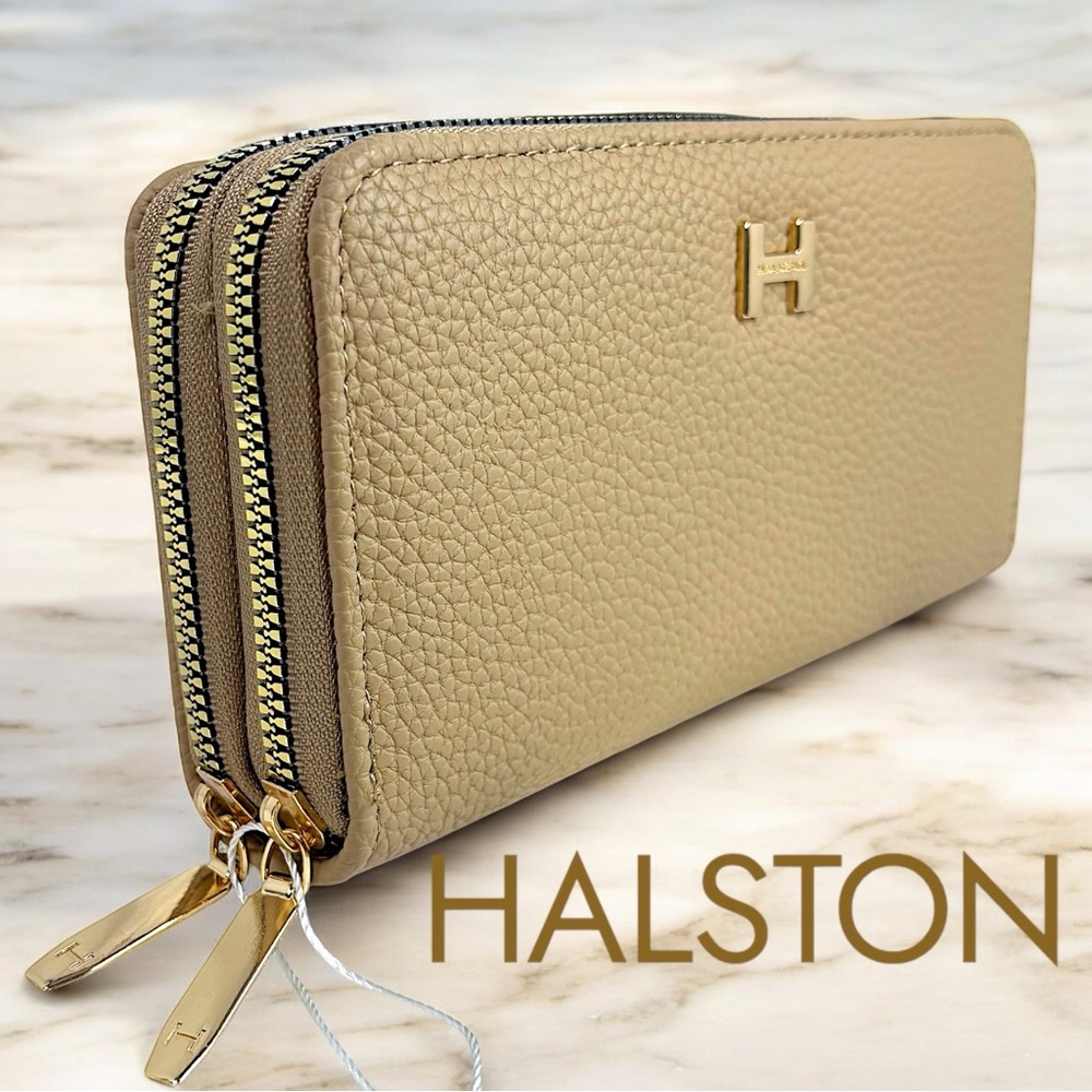 HALSTON Double Zip-around Wallet Beige Pebbled Gold Logo NWT $58